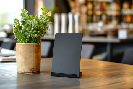 Blank black menu board on wooden table in cafe, stock photoの写真素材