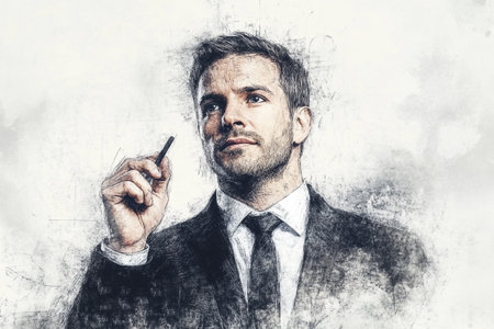 Portrait of a young businessman with a pen in his hand.の写真素材