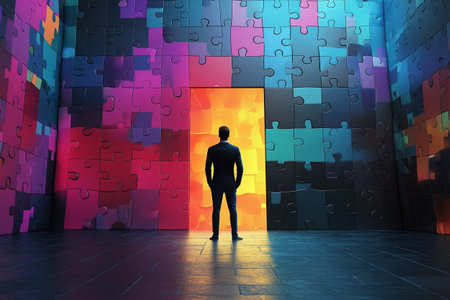 Businessman standing in front of a wall of colorful puzzle pieces.の写真素材