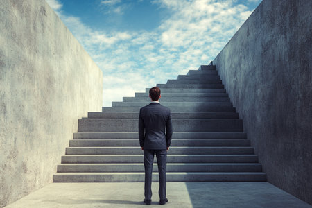 Businessman standing in front of a concrete staircase leading up to the skyの写真素材