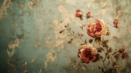 Vintage floral background with roses on grunge textured wall.の写真素材