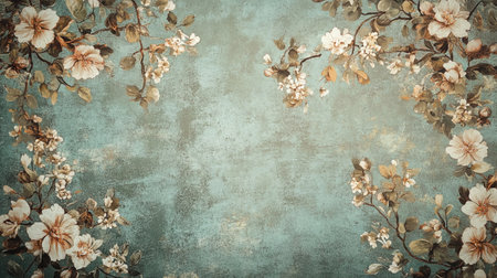 Cherry blossom flowers on grunge blue background. Floral background.の写真素材