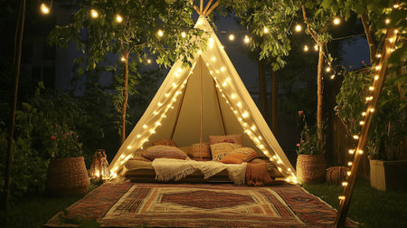 Camping tent in the garden at night with lights and garlandsの写真素材