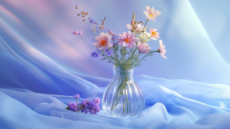 Bouquet of flowers in a vase on a blue backgroundの写真素材