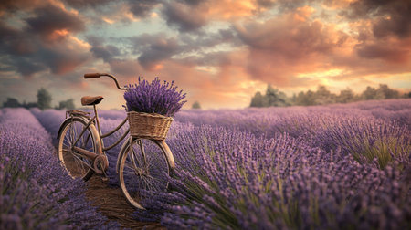 Bicycle with basket of lavender flowers on lavender field at sunsetの写真素材