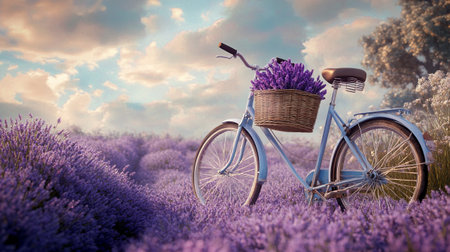 Bicycle with basket of lavender flowers on lavender field.の写真素材