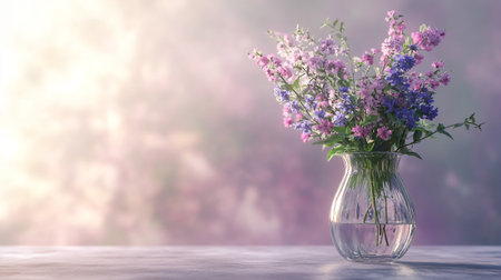 Bouquet of spring flowers in a vase on a wooden table.の素材