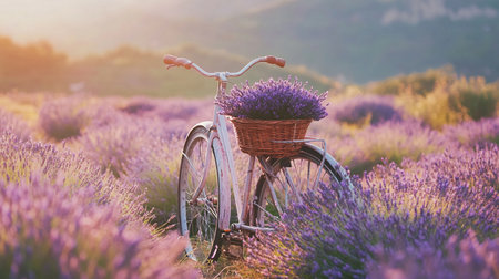 Bicycle with basket full of lavender flowers at sunset in Provence, Franceの写真素材
