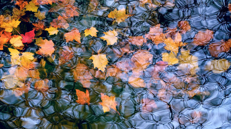 Colorful autumn leaves on the water surface. Selective focus.の写真素材