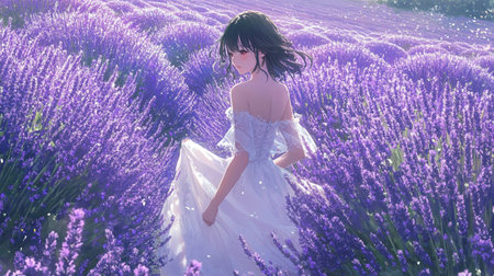 Beautiful bride in lavender field. Young woman in a white wedding dress.の写真素材