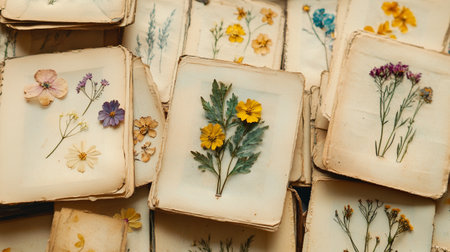Dried flowers in the old book. Selective focus. Vintage.の写真素材