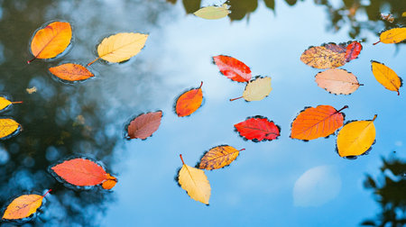 Colorful autumn leaves floating on the surface of a puddle.の写真素材