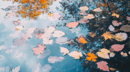 Colorful autumn leaves floating on the surface of a puddle.の写真素材