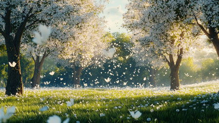 Beautiful spring landscape with blooming apple trees and white flowers.の写真素材