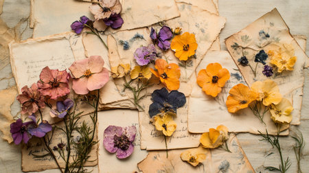 Dried flowers and old postcards on a wooden table. Top viewの素材