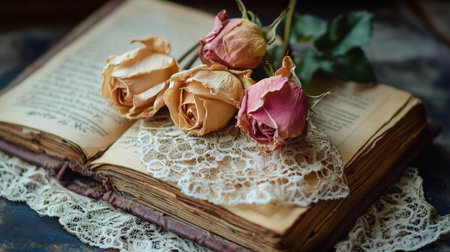Vintage book and dried roses on old wooden table, selective focusの写真素材
