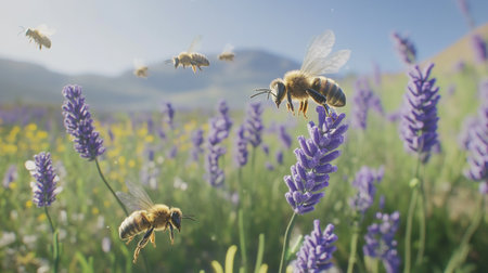 Honey bee collecting nectar from lavender flowers in the fieldの写真素材