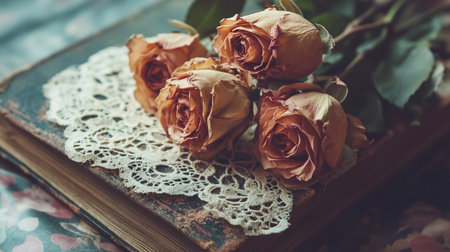 Vintage book and dried roses on a table. Retro style.の写真素材