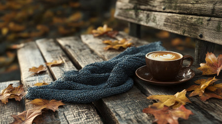Cup of coffee with warm scarf on wooden bench in autumn parkの写真素材
