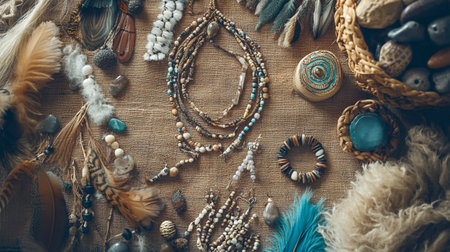 Basket with dreamcatchers, beads and feathers on wooden tableの写真素材