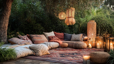 Comfortable sofa with pillows, cushions and candles in the gardenの写真素材