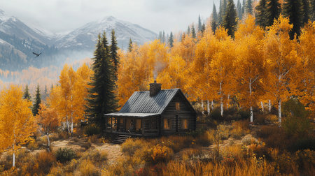 Wooden house in the mountains during autumn season. 3d renderの素材
