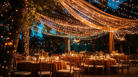 Wedding Banquet Table Outdoors Decorated with Lightsの写真素材