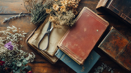 Old books on the table with dried flowers and vintage scissorの写真素材