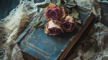 Vintage books, dried roses and lace on a wooden table.の写真素材