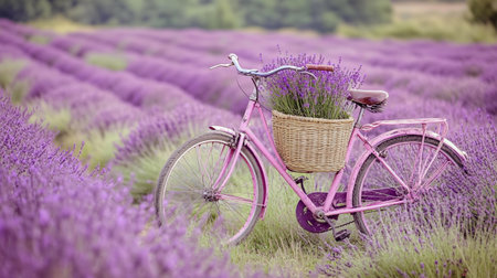 Bicycle with basket of lavender flowers in Provence, Franceの写真素材