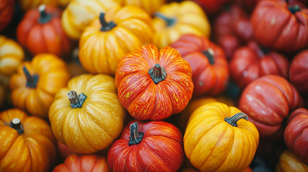 Colorful pumpkins on the counter in the store. Autumn backgroundの写真素材