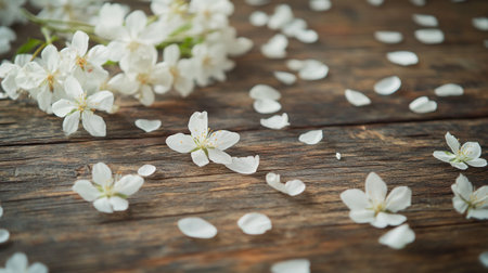 White cherry blossoms on wooden background. Spring flowers. Selective focus.の写真素材