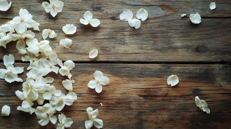 White jasmine flower petals on wooden background. Top viewの素材