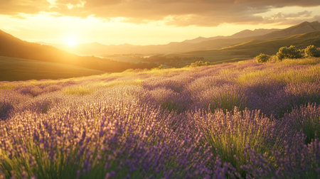 Sunset over lavender field in Valensole, Provence, Franceの写真素材
