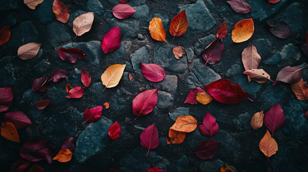 Colorful autumn leaves on black stone background with copy space. Fall season conceptの写真素材