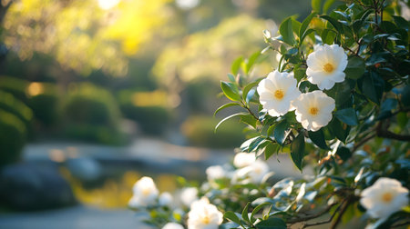 White camellia flower in the garden with sunlight, nature backgroundの素材
