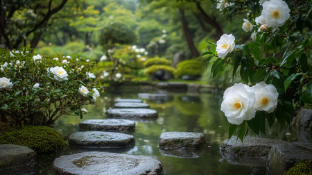 Japanese garden with white camellia flowers and stones in the foregroundの写真素材