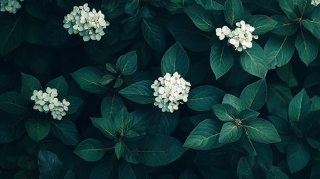 White Hydrangea macrophylla flower with green leaves background.の写真素材