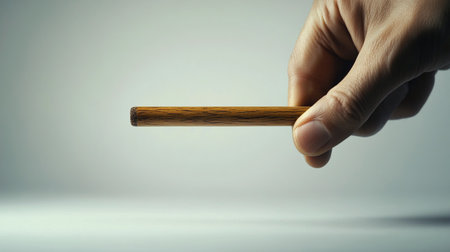 Hand holding a wooden chopsticks in front of a white background.の写真素材