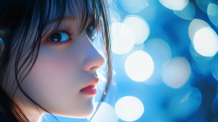 Beautiful asian girl with blue bokeh background, close upの写真素材