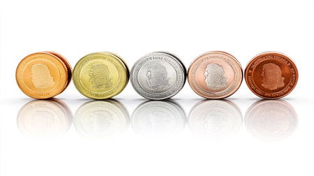 Coins of different countries isolated on a white background with reflection.の写真素材