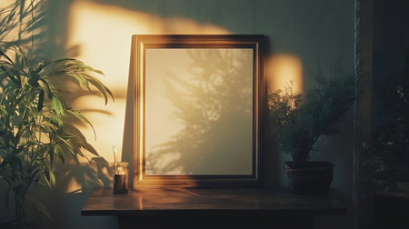 Blank picture frame mockup on wooden table. 3d renderingの写真素材