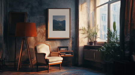 Living room with armchair and lamp, 3d rendering. Computer digital drawing.の写真素材