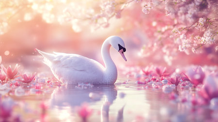 Beautiful white swan on the lake with pink lotus flowersの写真素材