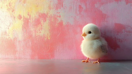 Cute little chicken on a pink background. Easter holiday concept.の写真素材