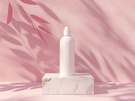 Cosmetic bottle on white marble podium and pink background with shadows. 3d renderingの写真素材