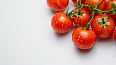 Cherry tomatoes with water drops on a white background. Copy space.の写真素材