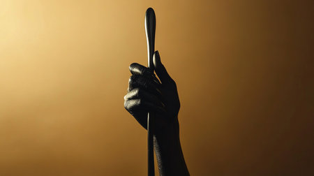 Hand in black glove holding a magic wand on yellow backgroundの写真素材