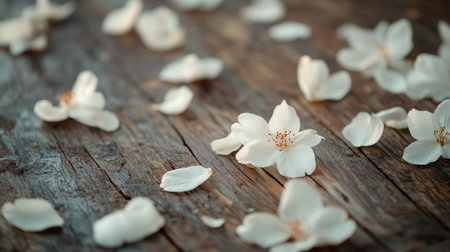 Cherry blossom petals on wooden background, vintage tonedの写真素材