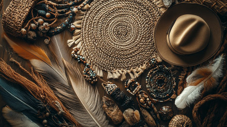 Top view of hat, earrings, bracelets, beads and feathers on wooden backgroundの写真素材